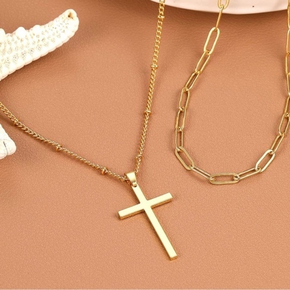 Gold 14k Plated 2pc Cross Chain Necklace - Picture 3 of 3
